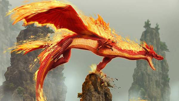 炎をまとった空飛ぶドラゴンの壁紙画像