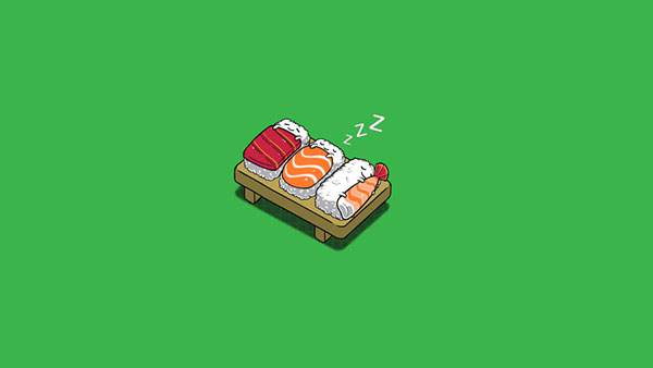 ネタの布団で眠るご飯のかわいいお寿司のイラスト