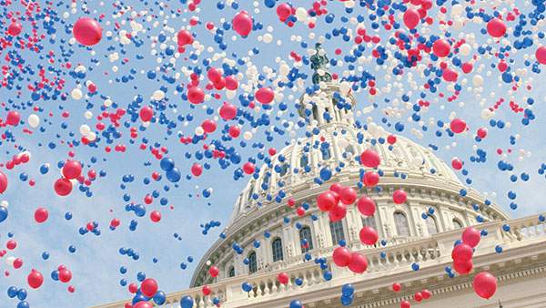 たくさんの風船とアメリカ議会議事堂の写真画像