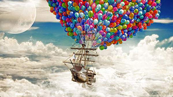 たくさんの風船で空を飛ぶ船の壁紙画像