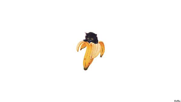 バナナの中から顔を覗かせる黒猫のシンプルイラスト