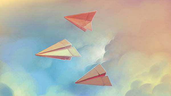 空を飛ぶ三期の紙飛行機を描いた可愛いイラスト壁紙画像