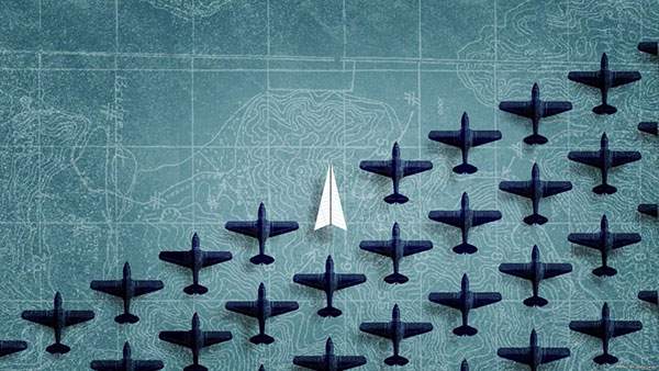 地図の上に並べた戦闘機と紙飛行機のイラスト壁紙画像