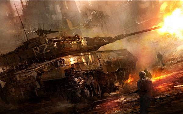砲台を撃つ瞬間の戦車を描いた迫力のイラスト壁紙画像