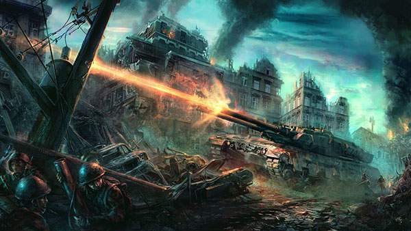 荒廃した戦場で放題を撃つ戦車のかっこいいイラスト壁紙