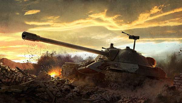 夕日の中土埃を上げて突き進む戦車の綺麗なイラスト壁紙画像