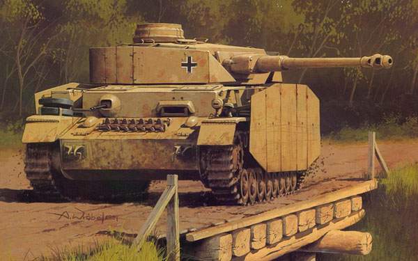 橋を渡るレトロな雰囲気の戦車を描いたイラスト壁紙画像