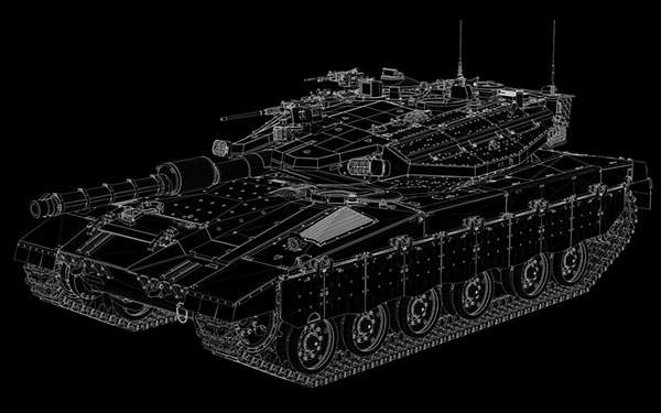 黒背景に白いワイヤーフレームだけで戦車をデザインしたシンプルなイラスト壁紙