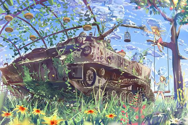 廃れた戦車の周りで遊ぶ女の子達の可愛いイラスト壁紙画像