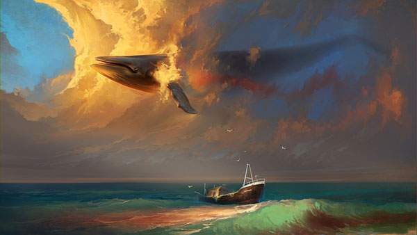 大海原を進む船と厚い雲の中のくじらを描いたイラスト壁紙画像