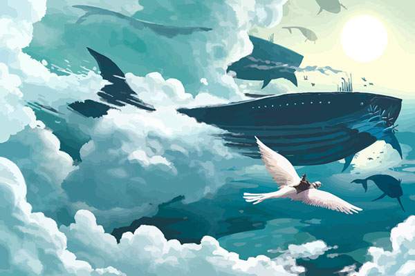 大きな白い鳥とくじらの飛行船のファンタジーなイラスト壁紙画像