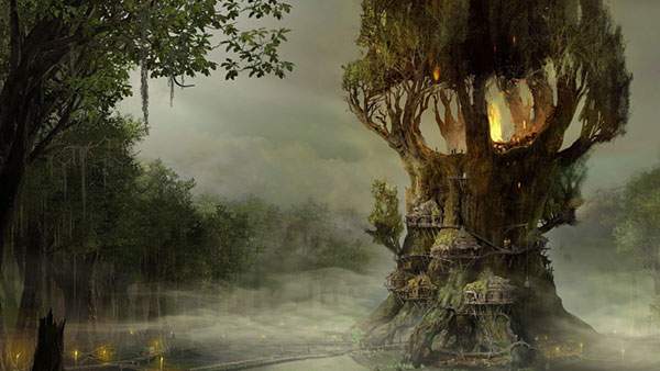 霧の中の巨大な樹木の村を美しく描いたファンタジーなイラスト壁紙画像