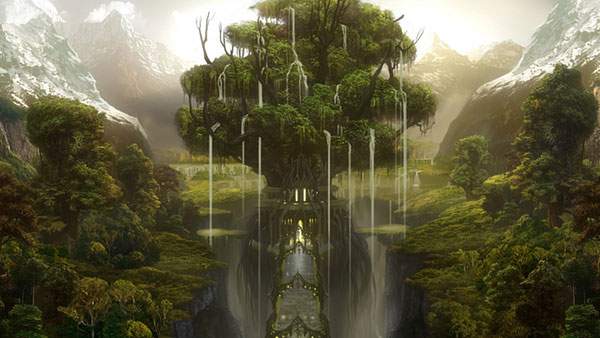 巨大な木と流れ落ちる水の街を描いた幻想的なイラスト壁紙画像