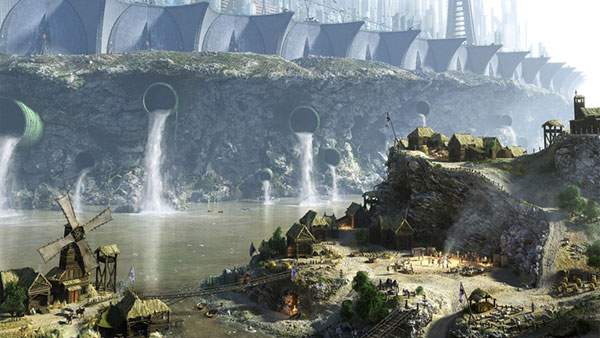 巨大な水の要塞都市とその周りの村を描いたリアルなイラスト壁紙画像