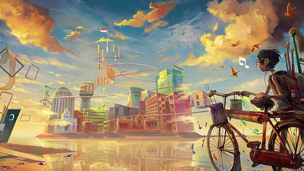 自転車と少年とカラフルでファンタジーな街を描いた可愛いイラスト壁紙