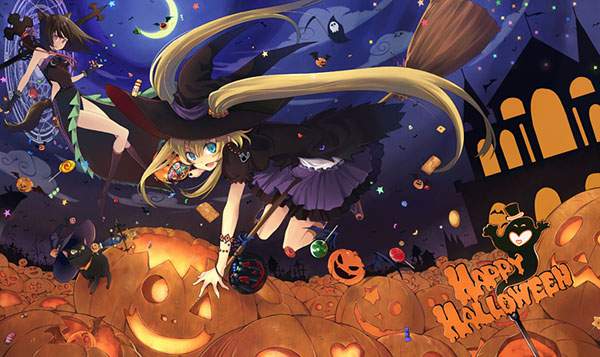 たくさんのハロウィンカボチャと魔女の可愛いイラスト壁紙画像