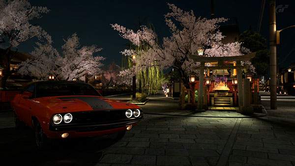 京都の夜桜と鳥居とスポーツカーを撮影したかっこいい写真壁紙画像