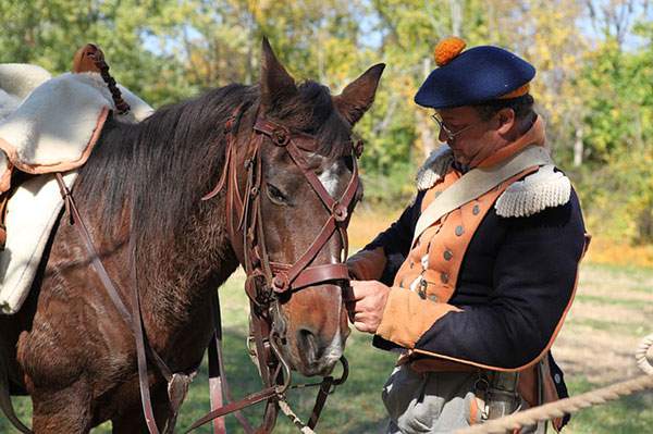 馬に馬具を取り付ける騎兵のおじさんの写真素材