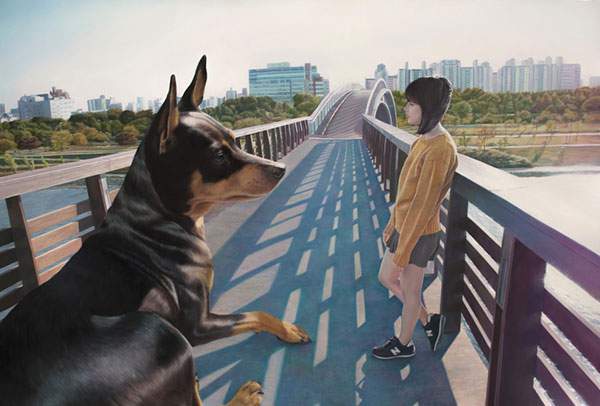 少女と巨大な犬を描いた油絵作品シリーズ - 01