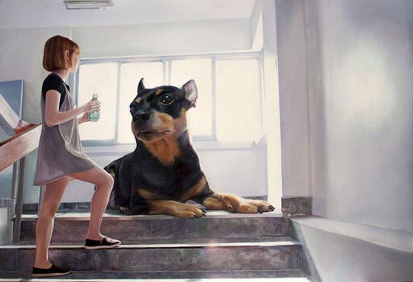 少女と巨大な犬を描いた油絵作品シリーズ - 03