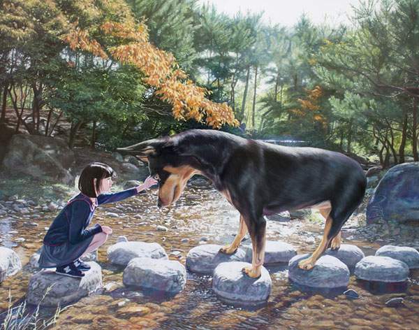 少女と巨大な犬を描いた油絵作品シリーズ - 07