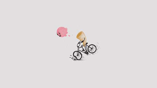 自転車でつまづいて頭が飛んでいくアイスクリームのキャラの可愛いイラスト