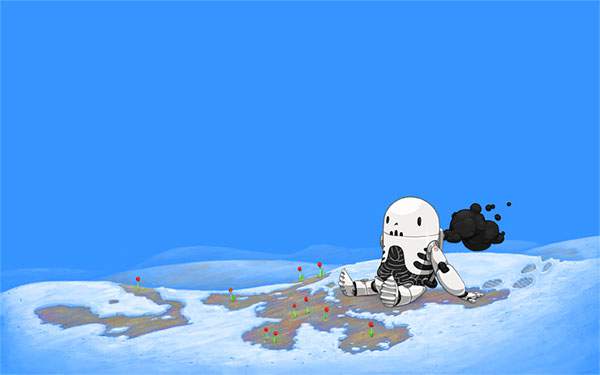 雪の上に座り込んだロボットをデザインした可愛いイラスト壁紙画像