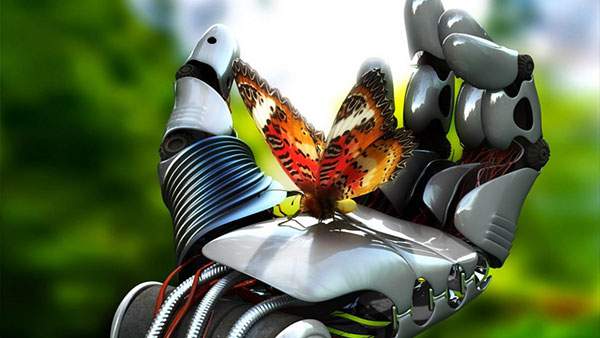 ロボットの手のひらに止まった蝶々を描いた綺麗なCGイラスト壁紙