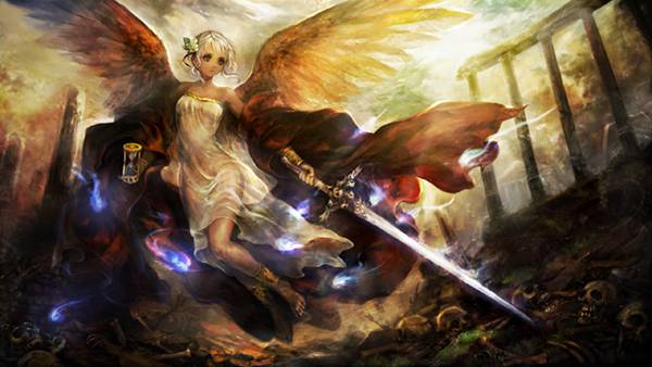 06.大きな剣を持った天使の少女を描いた可愛いイラスト壁紙画像