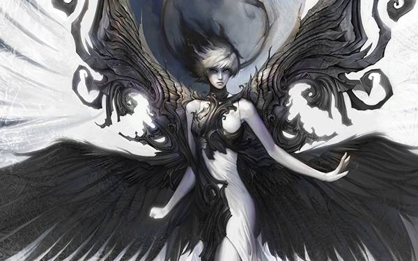 08.大きな黒い翼を持つ美しい天使のイラスト壁紙画像