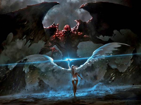11.巨大な悪魔に立ち向かう天使の後ろ姿を描いたイラスト壁紙画像