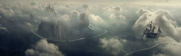 雲の中の空飛ぶ帆船を描いたファンタジーなイラスト壁紙画像