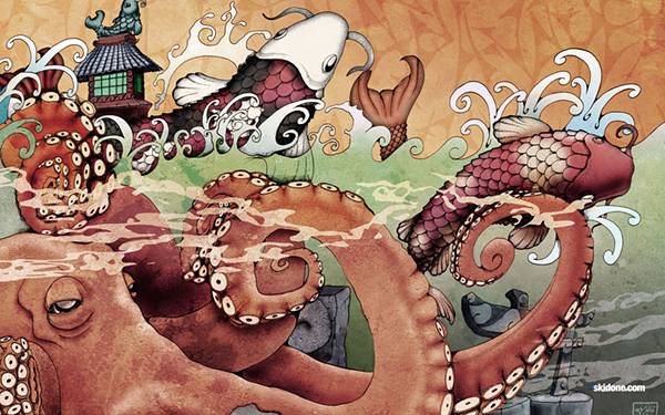 03.巨大な蛸や鯉を描いた和風イラスト壁紙画像