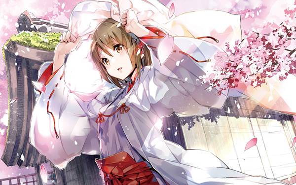 01.桜の花と巫女さんを描いた可愛い和風イラスト壁紙画像