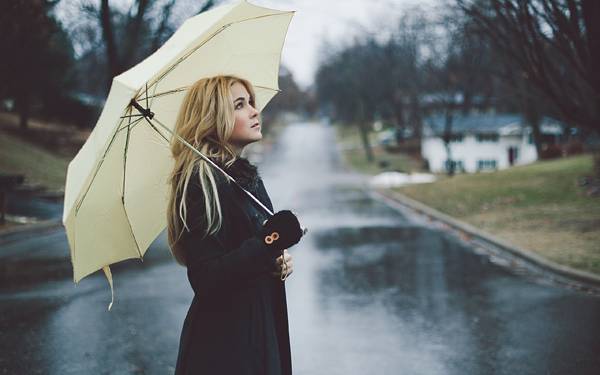 02.雨の日に傘をさして佇むコートの女性の写真壁紙画像