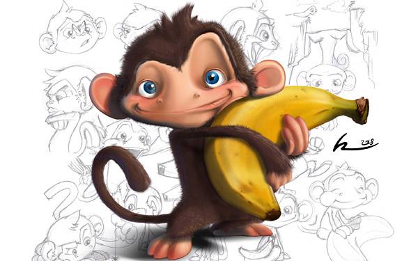 07.大事そうに大きなバナナを抱えるサルのキャラクターのイラスト壁紙画像
