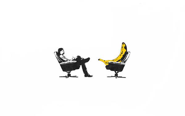 09.ソファーに座る男性とバナナを描いたシンプルなイラスト壁紙画像