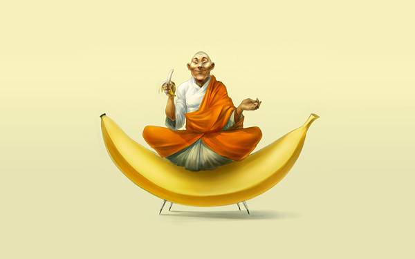 11.バナナの上に座るお坊さんのユニークなイラスト壁紙画像