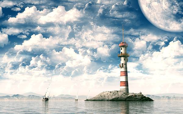 01.小さな島の灯台と月を描いた綺麗なイラスト壁紙画像