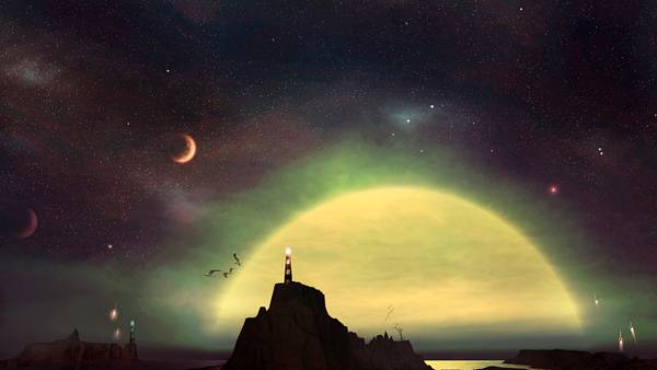 07.夜の灯台と月の風景を描いた温かい雰囲気のイラスト壁紙画像