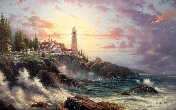 09.崖に打ち寄せる荒波と灯台を柔らかいタッチで描いたイラスト壁紙