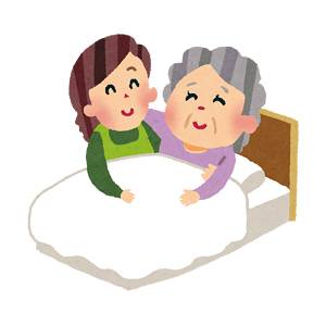 介護のイラスト「ベッドに寝るおばあさん」