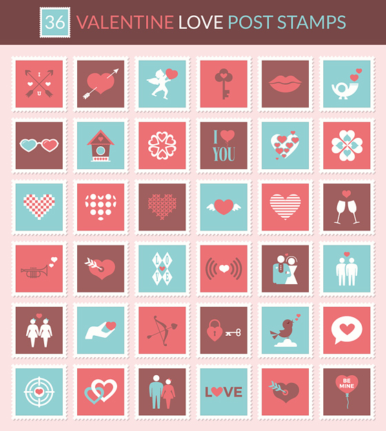 Valentine & Love Postage Stamp Icon Set